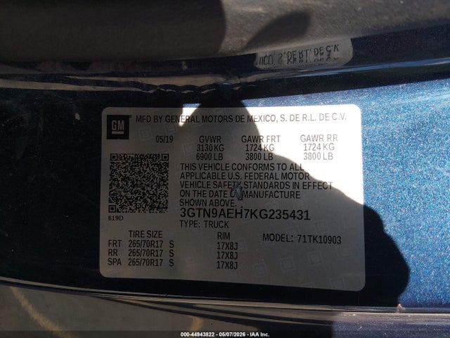 44943822 :رقم المزاد ، 3GTN9AEH7KG235431 vin ، 2019 Gmc Sierra 1500 مزاد بيع