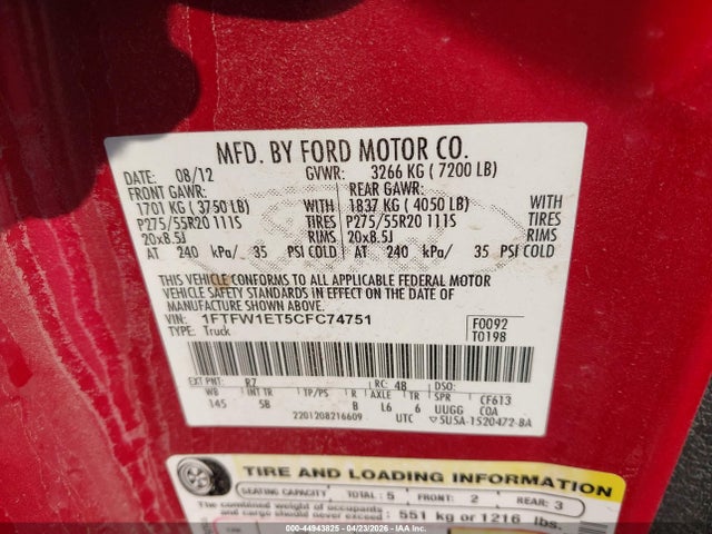 Продаж на аукціоні авто 2012 Ford F-150 Fx4, vin: 1FTFW1ET5CFC74751, номер лоту: 44943825