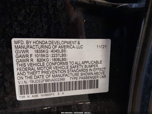 44943843 :رقم المزاد ، 19UDE2F88NA002349 vin ، 2022 Acura Ilx Premium   A-spec Packages/technology   A-spec Packages مزاد بيع