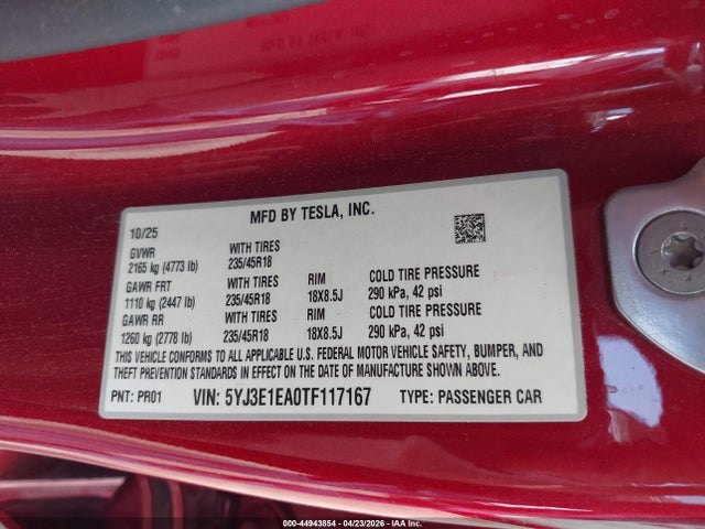 Aukcja sprzedaży 2026 Tesla Model 3 Premium Rear-wheel Drive/rear-wheel Drive, vin: 5YJ3E1EA0TF117167, numer aukcji: 44943854