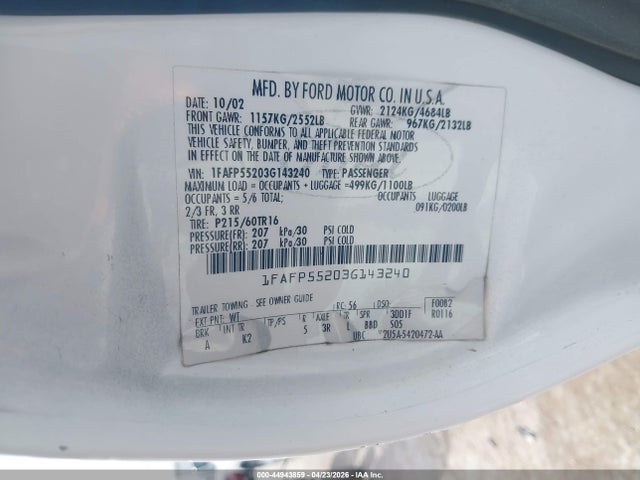 Продаж на аукціоні авто 2003 Ford Taurus Ses, vin: 1FAFP55203G143240, номер лоту: 44943859