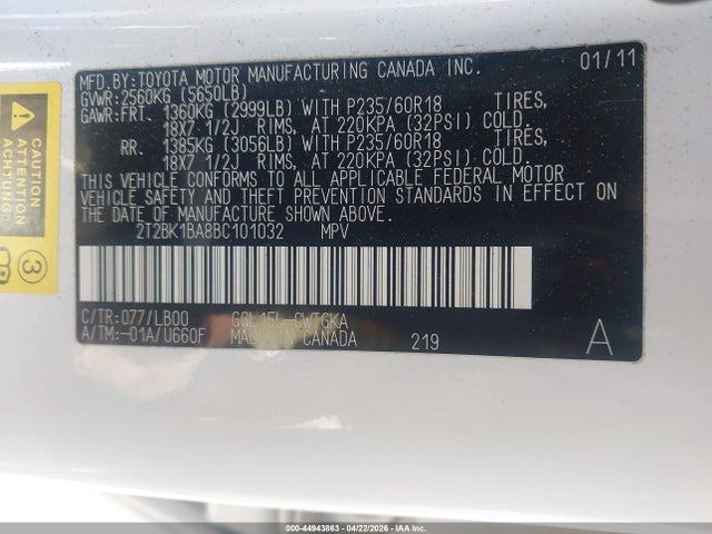 44943863 :رقم المزاد ، 2T2BK1BA8BC101032 vin ، 2011 Lexus Rx 350 مزاد بيع