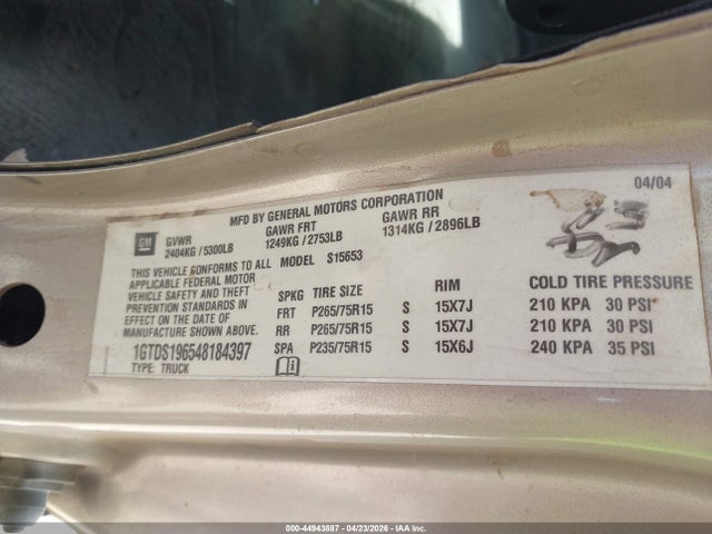 44943887 :رقم المزاد ، 1GTDS196548184397 vin ، 2004 Gmc Canyon Sle مزاد بيع