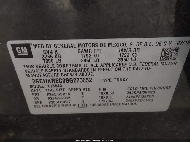 Продаж на аукціоні авто 2016 Chevrolet Silverado 1500 2lt, vin: 3GCUKREC0GG275652, номер лоту: 44943888