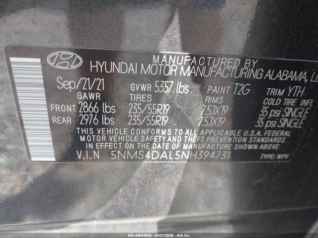 2022 Hyundai Santa Fe Limited მანქანა იყიდება აუქციონზე, vin: 5NMS4DAL5NH394731, აუქციონის ნომერი: 44943906