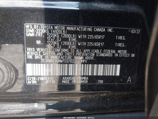 Продаж на аукціоні авто 2022 Toyota Rav4 Hybrid Xle, vin: 2T3RWRFV0NW133762, номер лоту: 44943907