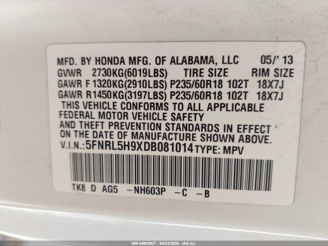 Aukcja sprzedaży 2013 Honda Odyssey Touring/touring Elite, vin: 5FNRL5H9XDB081014, numer aukcji: 44943927