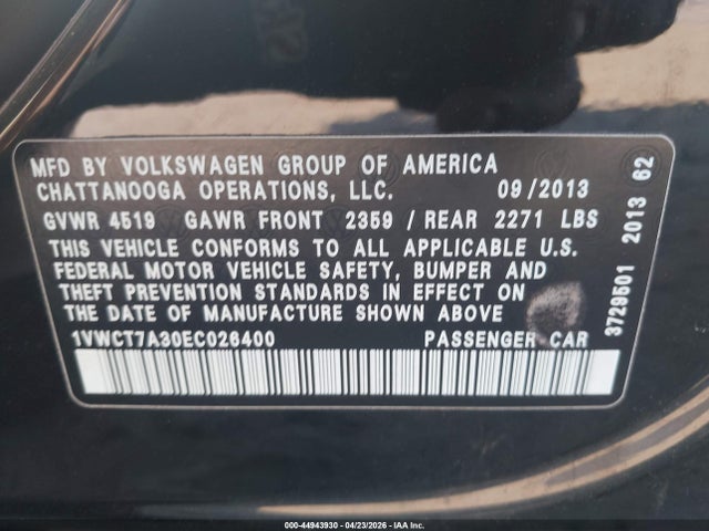 44943930 :رقم المزاد ، 1VWCT7A30EC026400 vin ، 2014 Volkswagen Passat 1.8t Sel Premium مزاد بيع