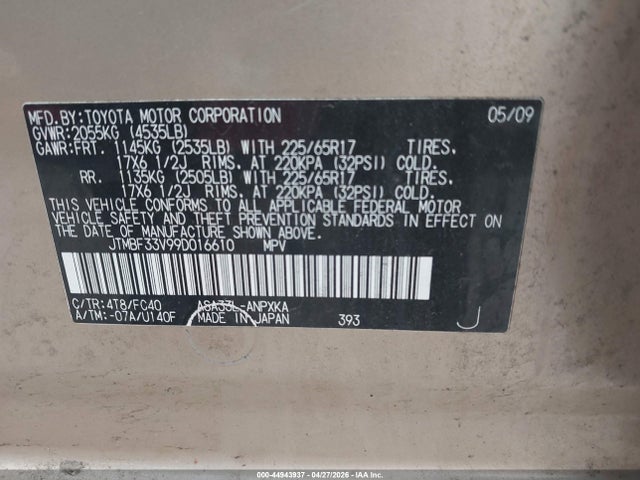 Aukcja sprzedaży 2009 Toyota Rav4, vin: JTMBF33V99D016610, numer aukcji: 44943937