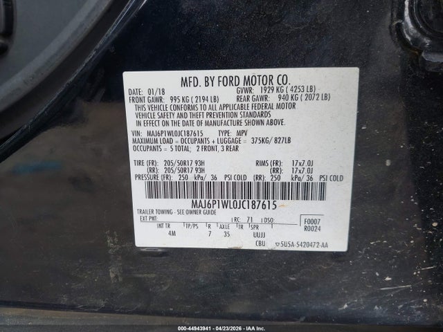 Aukcja sprzedaży 2018 Ford Ecosport Titanium, vin: MAJ6P1WL0JC187615, numer aukcji: 44943941