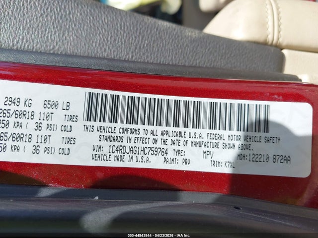 44943944 :رقم المزاد ، 1C4RDJAG1HC759764 vin ، 2017 Dodge Durango Sxt Awd مزاد بيع