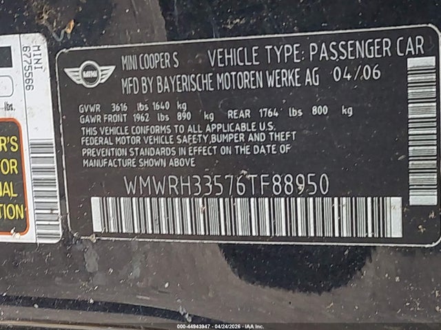 44943947 :رقم المزاد ، WMWRH33576TF88950 vin ، 2006 Mini Cooper S مزاد بيع