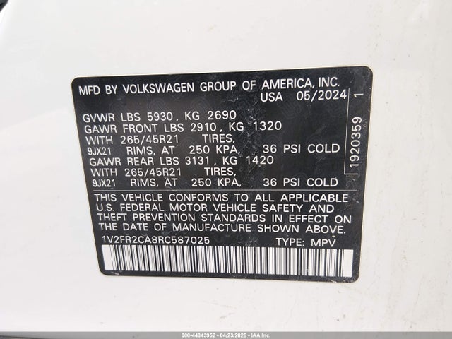Auction sale of the 2024 Volkswagen Atlas 2.0t Sel Premium R-line, vin: 1V2FR2CA8RC587025, lot number: 44943952