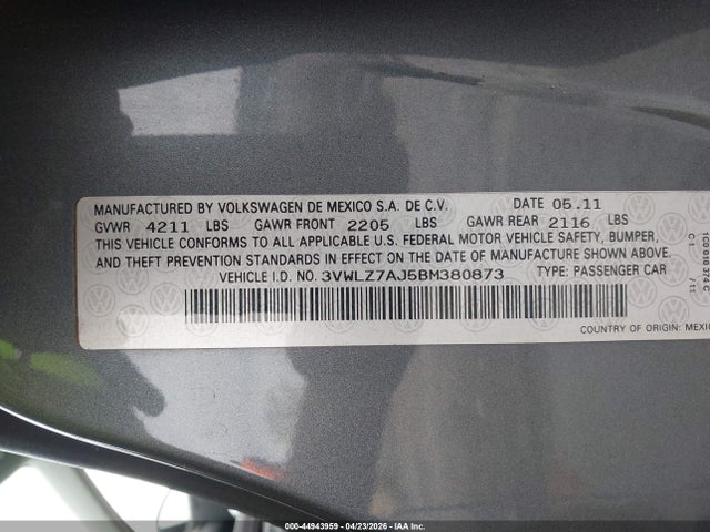 Aukcja sprzedaży 2011 Volkswagen Jetta 2.5l Sel, vin: 3VWLZ7AJ5BM380873, numer aukcji: 44943959
