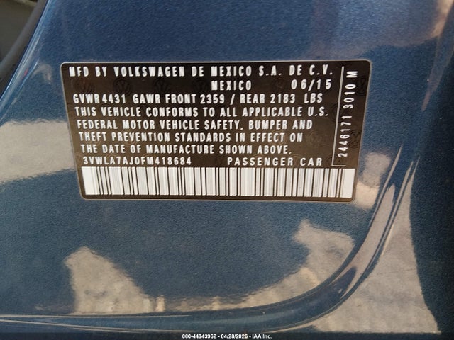 2015 Volkswagen Jetta 2.0l Tdi Se მანქანა იყიდება აუქციონზე, vin: 3VWLA7AJ0FM418684, აუქციონის ნომერი: 44943962