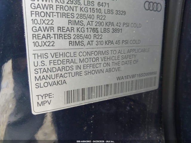 44943963 :رقم المزاد ، WA1EVBF15SD009866 vin ، 2025 Audi Q8 Premium Plus 55 Tfsi Quattro مزاد بيع