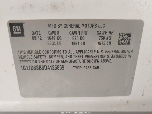 Aukcja sprzedaży 2013 Chevrolet Sonic Lt Manual, vin: 1G1JD6SB3D4126869, numer aukcji: 44943974