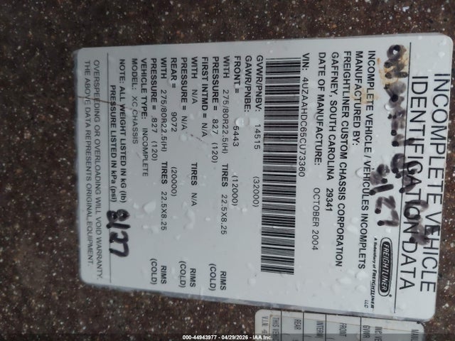 44943977 :رقم المزاد ، 4UZAAHDC65CU73360 vin ، 2005 Freightliner Chassis X Line Motor Home مزاد بيع