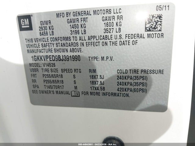 44943981 :رقم المزاد ، 1GKKVPED9BJ391990 vin ، 2011 Gmc Acadia Sle مزاد بيع