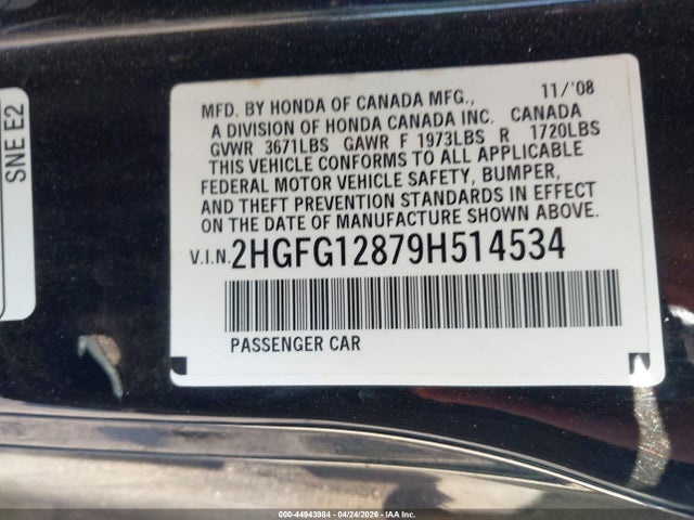 44943984 :رقم المزاد ، 2HGFG12879H514534 vin ، 2009 Honda Civic Ex مزاد بيع