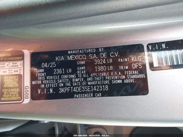 44943986 :رقم المزاد ، 3KPFT4DE3SE142318 vin ، 2025 Kia K4 Lxs مزاد بيع