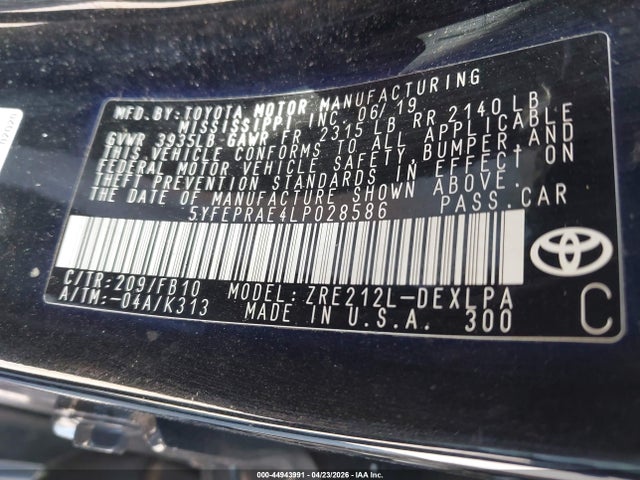 Продаж на аукціоні авто 2020 Toyota Corolla Le, vin: 5YFEPRAE4LP028586, номер лоту: 44943991