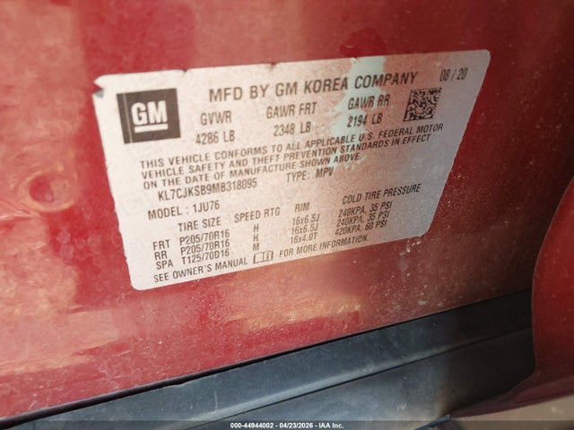 Aukcja sprzedaży 2021 Chevrolet Trax Fwd Ls, vin: KL7CJKSB9MB318095, numer aukcji: 44944002