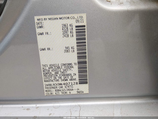 44944004 :رقم المزاد ، 1N4BL4CV3MN407128 vin ، 2021 Nissan Altima Sr Fwd مزاد بيع