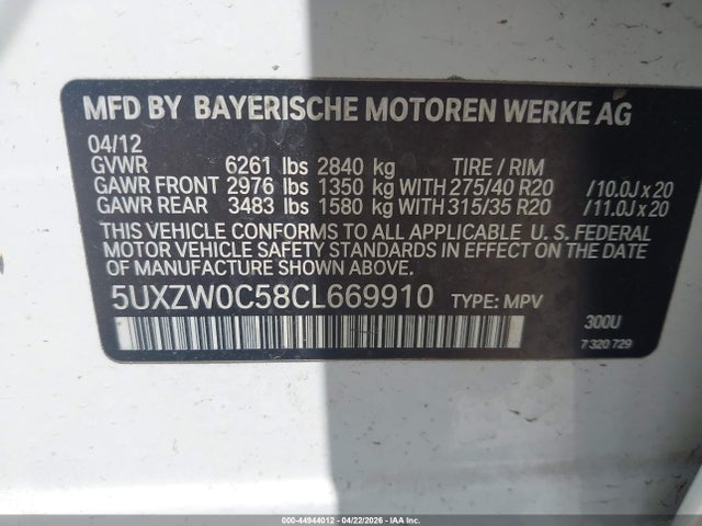 Продажа на аукционе авто 2012 Bmw X5 Xdrive35d, vin: 5UXZW0C58CL669910, номер лота: 44944012