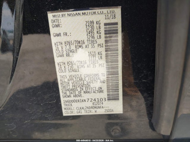 2019 Nissan Frontier Sv მანქანა იყიდება აუქციონზე, vin: 1N6DD0ER1KN724103, აუქციონის ნომერი: 44944018