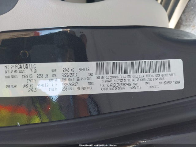 44944022 :رقم المزاد ، 2C4RDGCG8JR362663 vin ، 2018 Dodge Grand Caravan Sxt مزاد بيع