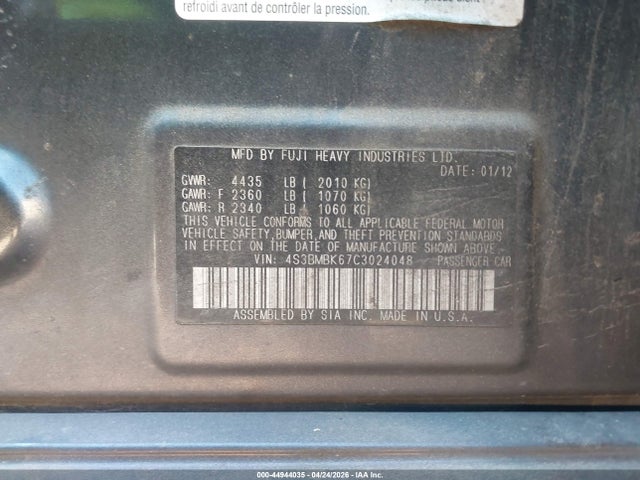 Продажа на аукционе авто 2012 Subaru Legacy 2.5i Limited, vin: 4S3BMBK67C3024048, номер лота: 44944035