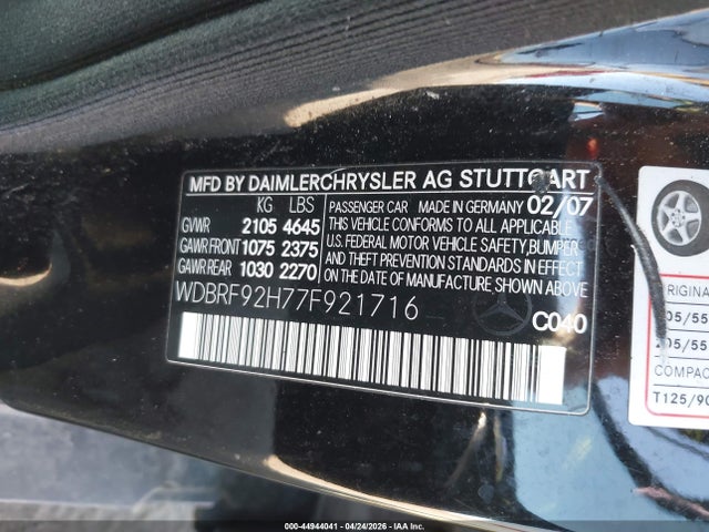 44944041 :رقم المزاد ، WDBRF92H77F921716 vin ، 2007 Mercedes-benz C 280 Luxury 4matic مزاد بيع