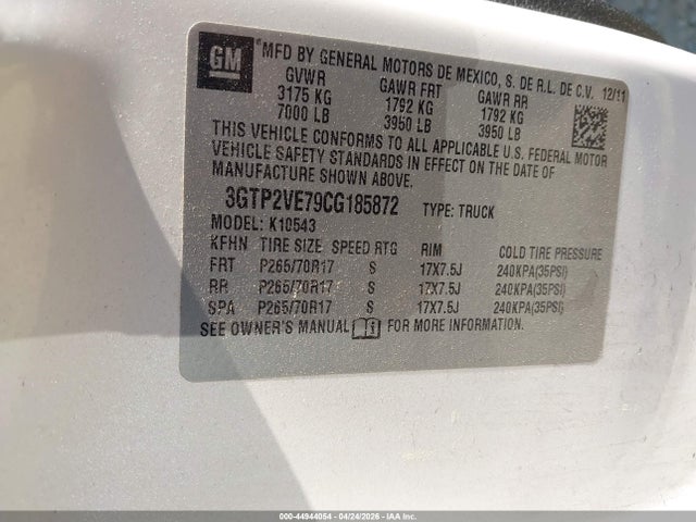 Aukcja sprzedaży 2012 Gmc Sierra 1500 Sle, vin: 3GTP2VE79CG185872, numer aukcji: 44944054