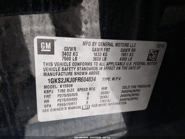 Продаж на аукціоні авто 2015 Gmc Yukon Xl 1500 Denali, vin: 1GKS2JKJ0FR604834, номер лоту: 44944058