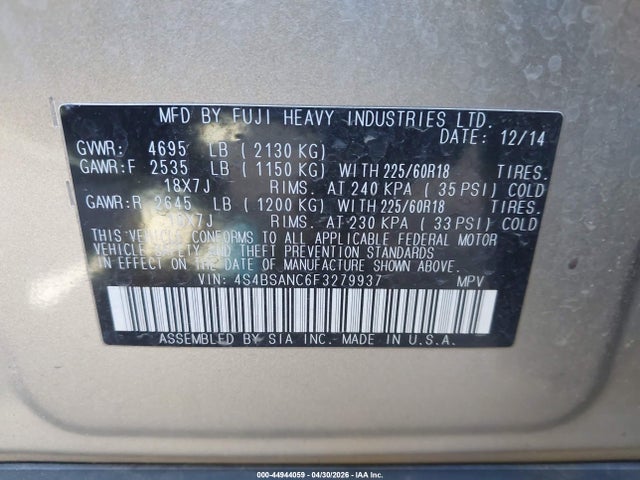 4S4BSANC6F3279937 Subaru Outback 2.5i Limited