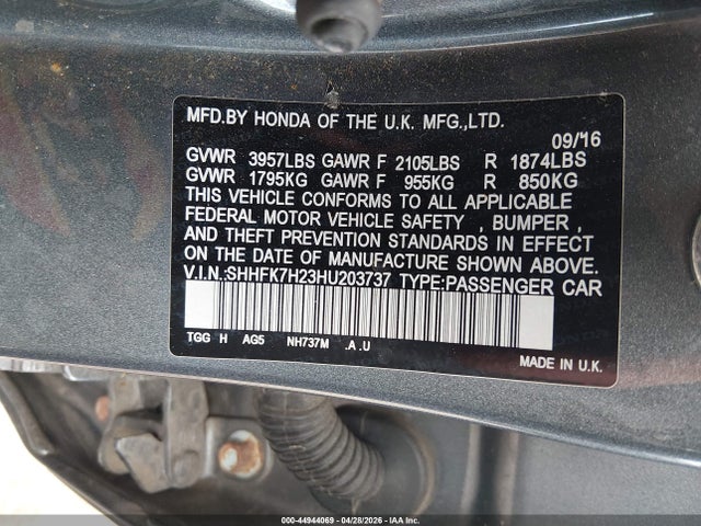 Aukcja sprzedaży 2017 Honda Civic Lx, vin: SHHFK7H23HU203737, numer aukcji: 44944069