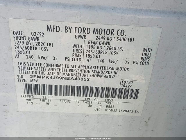 Aukcja sprzedaży 2022 Ford Edge Sel, vin: 2FMPK4J99NBA40852, numer aukcji: 44944071