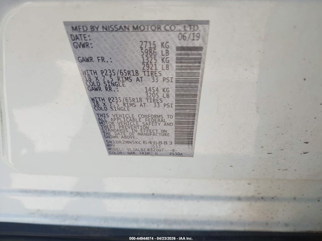 44944074 :رقم المزاد ، 5N1DR2MN5KC646883 vin ، 2019 Nissan Pathfinder S مزاد بيع