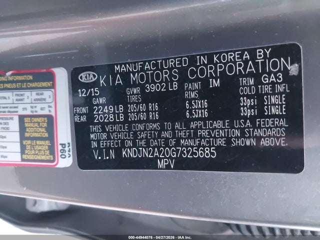 Aukcja sprzedaży 2016 Kia Soul, vin: KNDJN2A20G7325685, numer aukcji: 44944076