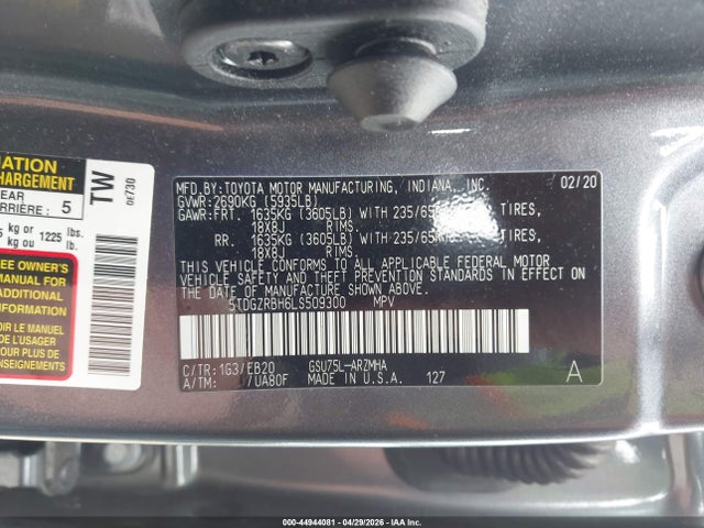 5TDGZRBH6LS509300 Toyota Highlander Xle