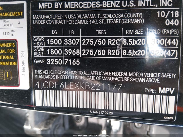 Продаж на аукціоні авто 2019 Mercedes-benz Gls 450 4matic, vin: 4JGDF6EEXKB221177, номер лоту: 44944096