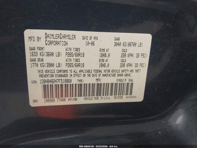 Aukcja sprzedaży 2007 Dodge Durango Slt, vin: 1D8HB48247F518860, numer aukcji: 44944105