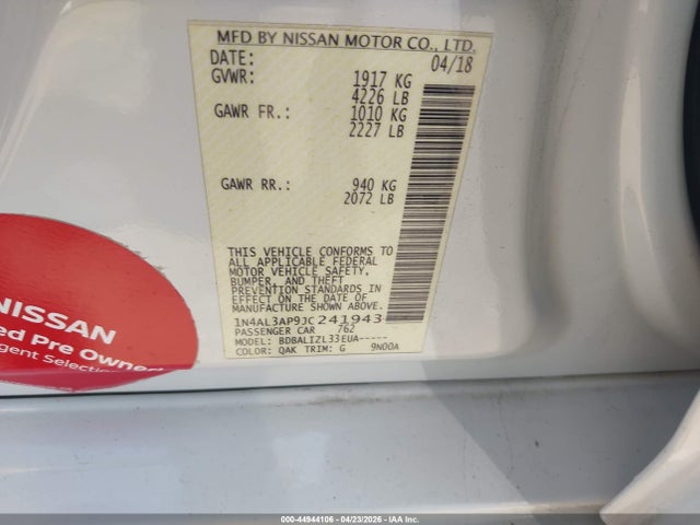 Продаж на аукціоні авто 2018 Nissan Altima 2.5 Sv, vin: 1N4AL3AP9JC241943, номер лоту: 44944106