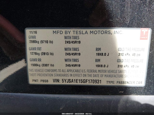 44944107 :رقم المزاد ، 5YJSA1E15GF170931 vin ، 2016 Tesla Model S 60/70/75/85 مزاد بيع