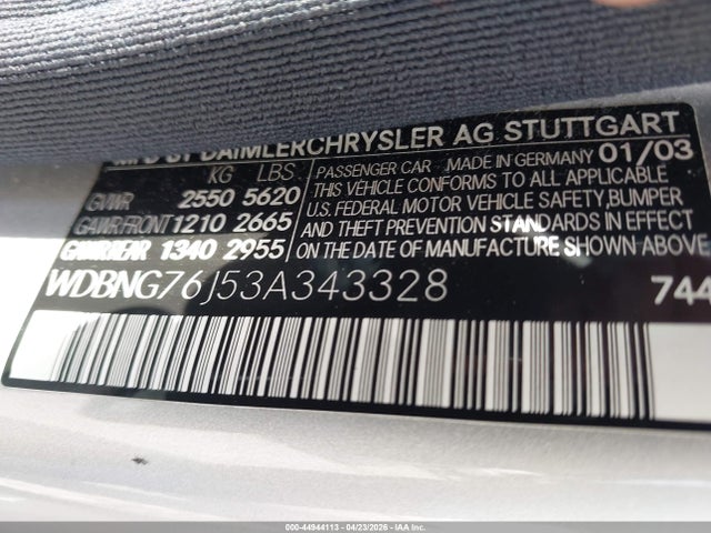 44944113 :رقم المزاد ، WDBNG76J53A343328 vin ، 2003 Mercedes-benz S 600 مزاد بيع