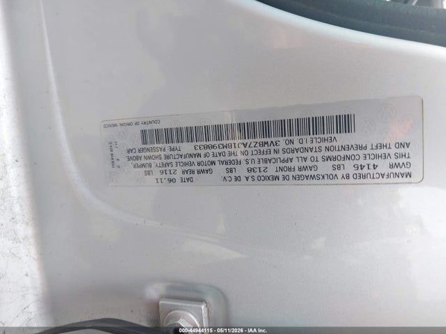 44944115 :رقم المزاد ، 3VWBZ7AJ1BM398833 vin ، 2011 Volkswagen Jetta 2.5l Se مزاد بيع