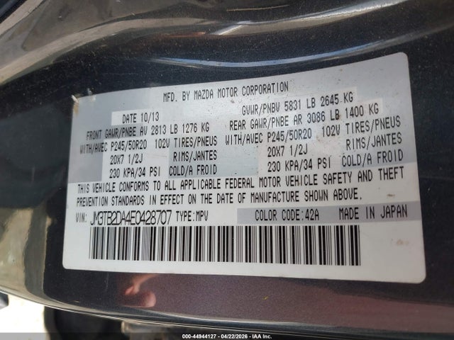 2014 Mazda Cx-9 Grand Touring მანქანა იყიდება აუქციონზე, vin: JM3TB2DA4E0428707, აუქციონის ნომერი: 44944127