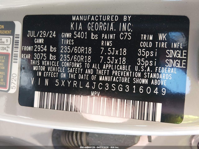 Aukcja sprzedaży 2025 Kia Sorento S, vin: 5XYRL4JC3SG316049, numer aukcji: 44944129