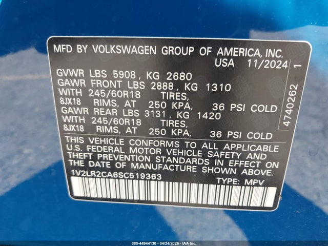 Продаж на аукціоні авто 2025 Volkswagen Atlas 2.0t Se, vin: 1V2LR2CA6SC519363, номер лоту: 44944130